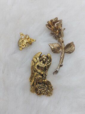 Vintage Gold-Toned Pin Lot of 3 Angel, Long-Stem Rose, Cherub